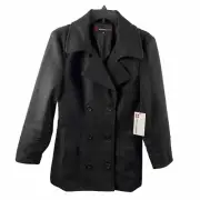 NWT Alpine Swiss Women's Pea Coat Black Wool Blend Double Breasted MSRP $165 M