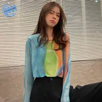 在飛比找蝦皮購物優惠-GIRL⚡韓國女裝網紗長袖T恤春夏新款修身薄款內搭衣綠色打底