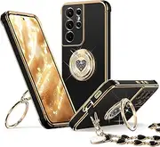[XYZ] for Galaxy S21 Ultra Case with Stand, for Samsung Galaxy S21 Ultra Case with Double Ring, Women Girls Bling Luxury Protective Phone Case Heart for Samsung S21 Ultra, Black