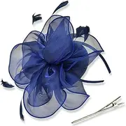 [AZIDWERYQ] Fascinators Hats for Women, Organza Flower Mesh Feathers Tea Party Hat with Headband and Clip Navy Blue Flower Hat for Wedding, Cocktail Party, Tea Fascinators Hats for Women