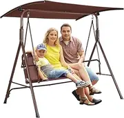 VEVOR 3-Person Patio Swing Chair, Outdoor Patio Swing with Adjustable Canopy, Porch Swing with Armrests, Teslin Fabric and Alloy Steel Frame, for Balcony, Backyard, Patio, Garden, Poolside, Brown