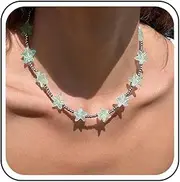 [Cimenexe] Bohemian Acrylic Star Choker Necklace Blue Enamel Starfish Collar Necklace Silver Metal Rice Beads Chain Necklaces Summer Starfish Sewing Necklaces Jewellery for Women, Zinc, No Gemstone