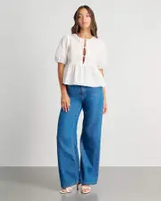 [Jag] Jag Women's Poplin Puff Sleeve Tie Top In White Size 12 12 White