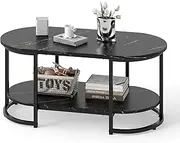 Giantex Faux Marble Coffee Table, Modern 2-Tier Center Table with Open Shelf, Oval Cocktail Table with Gold Finished Metal Frame for Living Room Bedroom (Black)