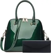 [Aebecede] Patent Leather Dome Satchel Purse Zip-around Handbag Multi-Pocket Shoulder Bag Shiny Large Top-handle Shell Bag