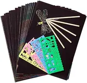Scratch Art Set Scratch 50 PCS for Black Scratch it Off Art Crafts Kits Notes Boards with 5 Wooden Stylus 4PCS Drawing Stencils for Girl Boy Easter Party Game