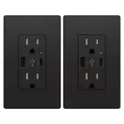 2 Pack Outlet With USB C & A, 4.8A Receptacle 15 Amp,Wall Socket Plate Black