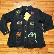 VTG Womens Bob Mackie Retro Teacher Themed Demin Shirt RARE NWT Size L Black