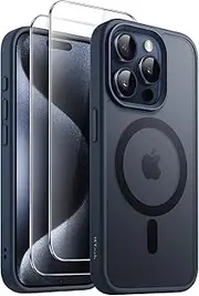 JETech 3 in 1 Magnetic Case for iPhone 15 Pro Max 6.7-Inch with 2 Pack Tempered Glass Screen Protectors, Compatible with MagSafe, Translucent Matte Back Shockproof Phone Cover (Storm Blue)
