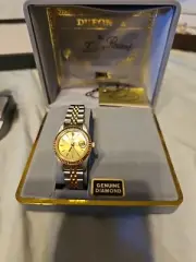 Vintage LUCIEN PICCARD DUFONTE Womens 26mm Quartz Watch Date Gold Steel Diamond