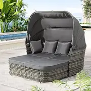 Gardeon Sun Lounge Camping Chair Wicker Folding Day Bed Rattan Lounger, Beach Chairs Sofa Outdoor Furniture Garden Patio Setting Pool Backyard, with Canopy Cushion Pillow Modular Design Grey