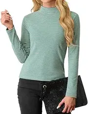 [PrinStory] Women's Turtle Neck Sweatshirts Elegant Jumpers Long Sleeve Tops For Women Business Casual Pullover Tops For Ladies, Grey Green Strip, XXL