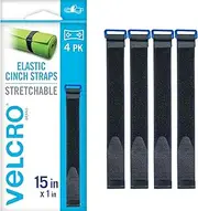 VELCRO Brand VEL-30792-AMS 15 Inch Elastic Straps 4 Pack | Stretchable and Adjustable for Snug Fit | Fasten Lumber, Yoga Mats, Tools, Camping Equipment, More | Cinch with Buckle, Black 15x1