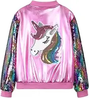 [WELAKEN] Uniocrn Bomber Jacket With Sparkly Sleeve For Girls, Toddler & Kids Sequin Lightweight Flight Jacket