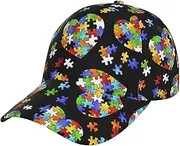 [pvinnk] Autism Awareness Puzzle Pieces Heart Print Stylish Hat Headwear Hat Baseball Cap Adjustable Snapback Hat for Men and Women Black, Black, One Size