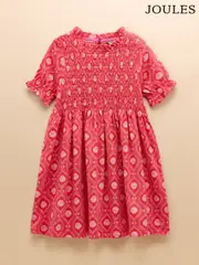 Joules Gracie Pink Shell Print Short Sleeve Shirred Dress (E56523) | $46 - $60