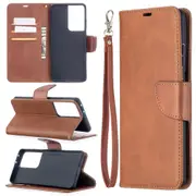 For Samsung Galaxy S21 Ultra Case Lambskin Texture Folio PU Leather Wallet Cover, Kickstand, Lanyard, Brown