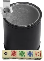 16mm Poker Dice Ivory Tone Spades Ace + PU Leather Grey Felt Lined Cup Boxed