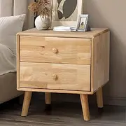 [OIKITURE] Bedside Table with 2 Drawers and Rubber Wood Leg Bed Side Table Nightstand Storage Cabinet