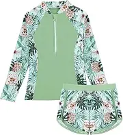 [SEAUR] Girls' Rashguard Set, 1/2 Zip Swimming Shirt, Swimming Shorts, Two Piece Swimsuit, Sun Protection, Swimwear, Children's Long Sleeve Swimsuit, 130-160 cm
