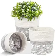 FoldTier 3 Pcs Cotton Rope Plant Basket with Plastic Liner Rustic Plant Basket Planters Modern Woven Decorative Pots for Home Flower Indoor Storage Decor, 7.5 x 6.5 Inches(White, Gray)