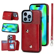 For iPhone 14 Pro Wallet Back Cover, PU Leather Case With Card Holder Phone Case - Red