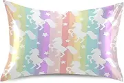 Blueangle Rainbow Unicorn Stripe Satin Pillowcase for Hair and Skin Silk Pillowcase, Standard Size(20x26 inches) - Slip Cooling Satin Pillow Covers with Envelope Closure