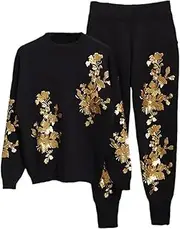[UIOKLMJH] Autumn Flower Embroidery Knit Sweaters Black Set Female Casual Tracksuits 2Pcs Pullover Tops Harem Pants Two Pieces Set, Picture Color, X-Large