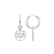 Sterling Silver Rhodium Hoops Earrings with Tree Of Life