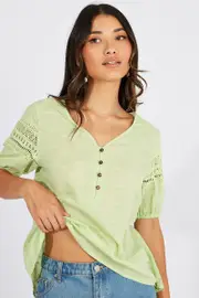 Green Top lace details sleeve texture cotton - Size 10, Women's Top