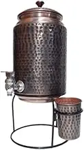 Ornate International Copper Water Dispenser OR Matka Hammered 5000Ml Combo with Stand and 1 Glasses 300 ml & 9 CMS DIA Coaster for Drinking Water