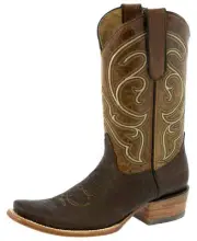 Mens Western Leather Boots Cognac Stitched Square Toe Casual Rodeo Wear Size 10