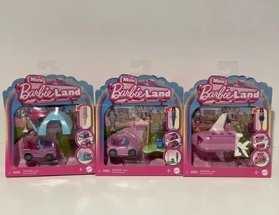 Mini BarbieLand Lot 1.5-inch Barbie Doll Airplane Pink Car Jeep Surf Camping
