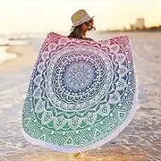 Oversize Round Mandala Beach Towel Blanket, Circle Microfiber Bohemian Boho Quick Dry Super Water Absorbent Towel, Hippy Gypsy Yoga Mat Picnic Table Mediation Throw Tapestry with Tassel Ultra,59”