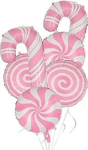 [GGDE] Pink Candy Balloons Set - 10 Pcs (4 Windmill 18 In, 4 Swirl, 2 Candy Cane 16 In, 1 Ribbon) - Reusable, Metallic Finish - Perfect for Kids' Birthday, Christmas, Baby Shower - Unisex - All Ages