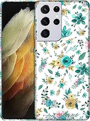 [GlamCase] for Samsung Galaxy S21 Ultra 5G, Samsung S21 Ultra Case - Teal Floral Pattern Printed Slim & Sleek Cute Plastic Protective Designer Back Phone Case/Cover for Galaxy S21 Ultra 5G