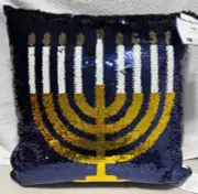 Hanukah Sequin Pillow Menorah Blue New NWT 18x18 New NWT