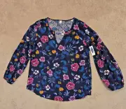 Old Navy Womens Med top blouse Blue Floral long sleeve V neck Rayon Viscose NWT