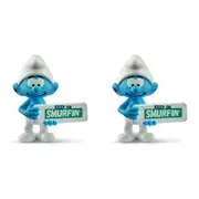 2x Schleich Kids/Childrens Toy Figurine Smurf with Sign (Keep On Smurfin') 7y+