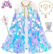 SlowTon Princess Dress Up, Rainbow Mermaid Princess Cape, Mermaid Dress Up Cape Kit Sequin Cloak 9PCS Set for Little Girls