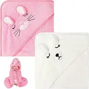 Aolso Hooded Baby Towel,2 PCs Baby Bath Towels with Hood,80x80cm Soft and Absorbent Hooded Towels for Kids Newborn and Infant, (White/Pink)