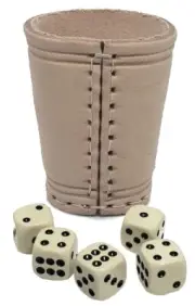 Genuine Leather Compact Dice Cup Natural + 16mm Pip Dot Dice Bone Tone + Pouch