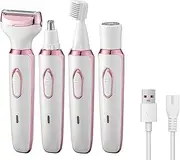Electric Safety Razor Women, Waterproof Painless Cordless Shaver, Accurate Shaving for Eyebrow Face Nose Underarm Legs, Bikini Trimmer, Facial Razor, 4 in 1-Pink
