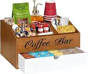 Coffee Bar Organizer Countertop, Wooden Accessories With Drawer, Station Pods Holder Storage Basket and Tea Condiment Organizer (Burnt)
