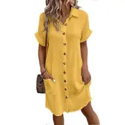 Summer Women Dress Turn-down Collar Single-breasted Loose Short Sleeves Loose Solid Color Patch Pocket Knee Length Commute Leisure Midi Dress yellow L