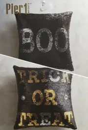 NEW Pier 1 Boo/TRICK OR TREAT Reversible Sequins Pillow, Black, Silver, Gold