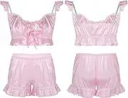 [HEYDHSDC] Mens Erotic Lingerie Set Sissy Gay Underwear Nightwear Suits Lace-Up Front Ruffled Camisole with Elastic Waistband Undershorts