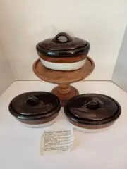 VINTAGE Set of 3 Individual CASSEROLE BAKING DISH SM OVAL W/ Lid Glazed-Taiwan