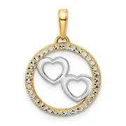 14k Yellow & Rhodium Gold and White Rhodium Diamond-cut Hearts in Circle Pendant