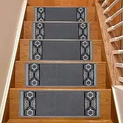Stair Treads Skid Slip Resistant Backing Indoor Carpet Stair Treads Trellis Border Design 8 ½ inch x 26 ¼ inch (Set of 13, Grey Black)